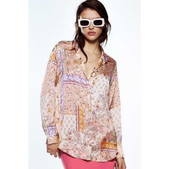 💕ZARA💕 Printed Satin Effect Shirt ~ Pink Multi-Color Paisley Print Medium - Picture 3 of 16